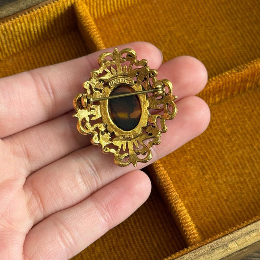 Vintage Florenza Cameo Brooch with Faux Turquoise and Pearls