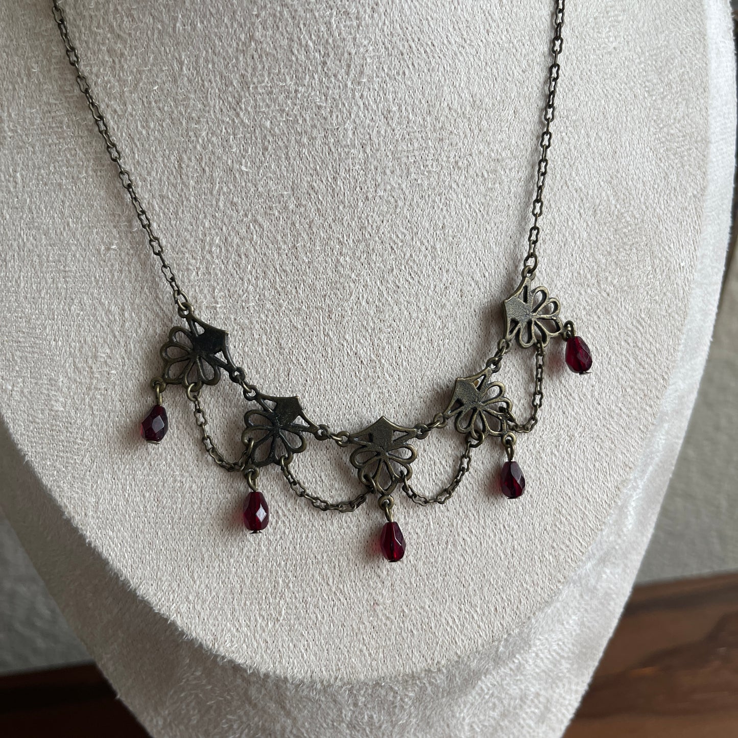 Robert Rose Necklace Amber & Bronze Tone Drape Rhinestone Facted Drop Choker