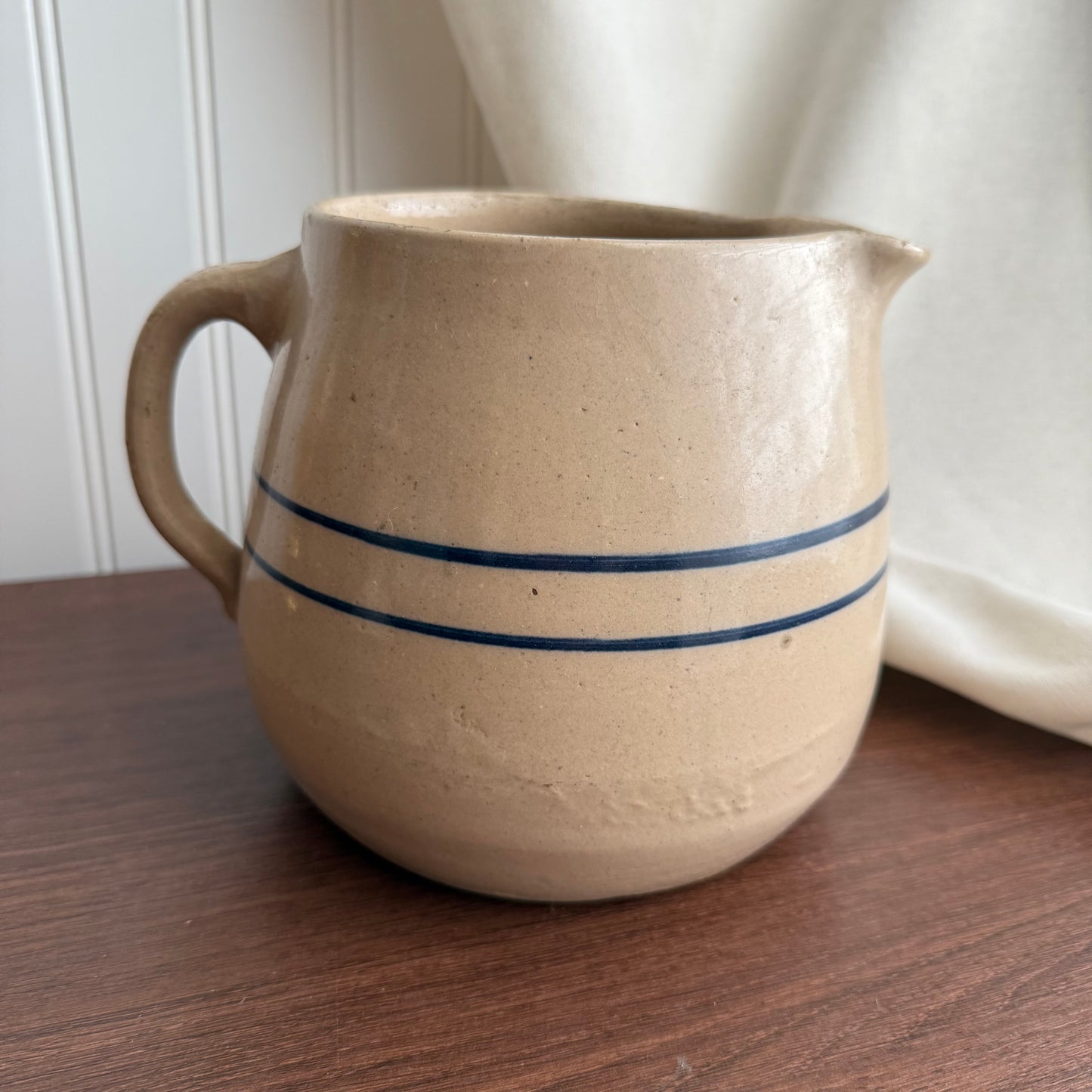 Vintage crock Tan Blue Stripes pottery