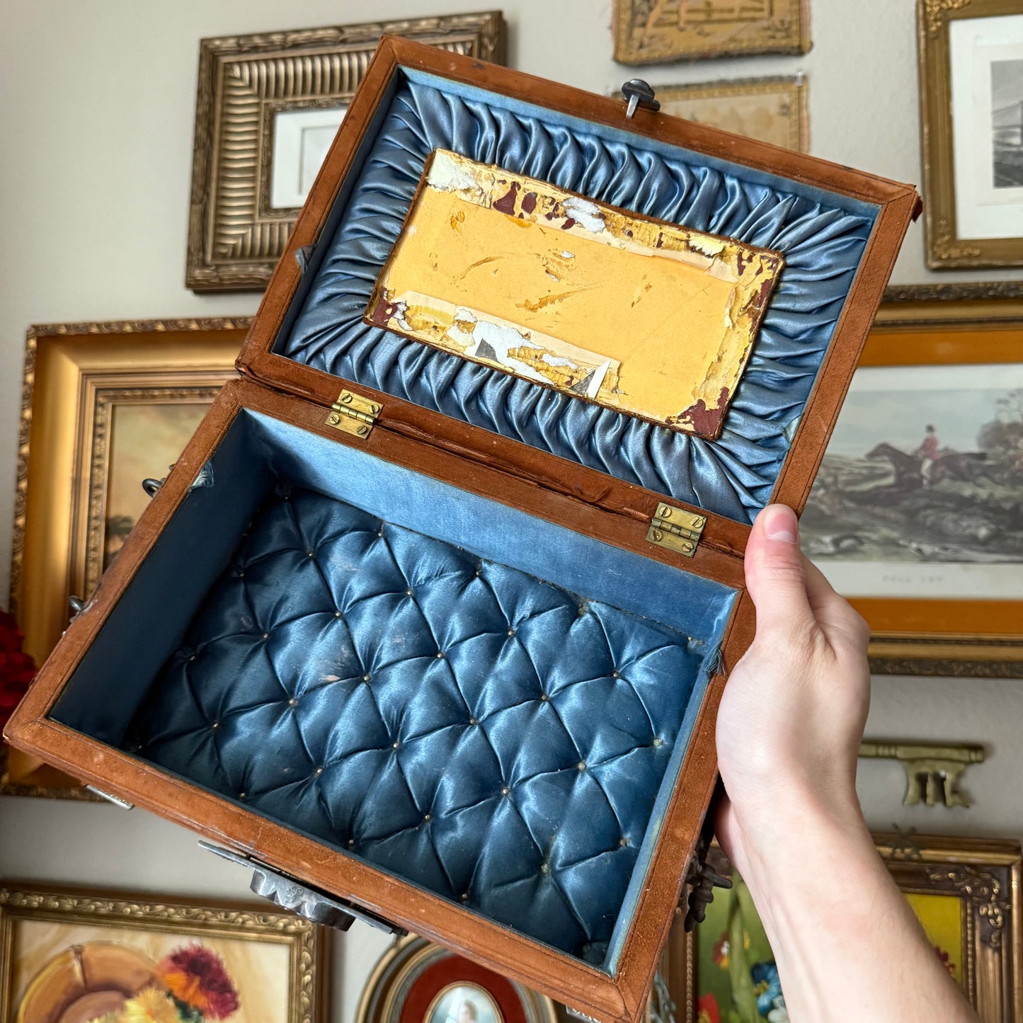 Vintage Ornate Velvet Jewelry Box – Blue Satin Tufted Interior, Decorative Metal Trim & Feet, Mid-Century Asian Design