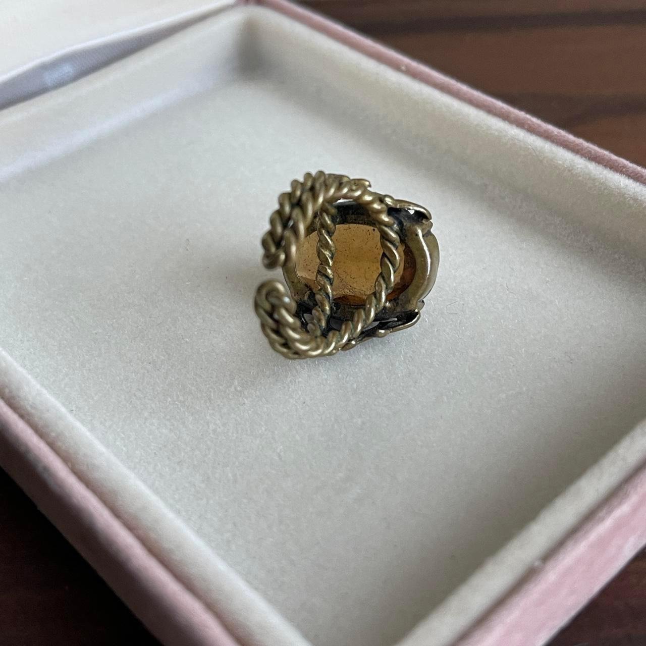 Vintage West Germany art glass Smoky topaz gemstone metal ring Adjust Regency Victorian Revival