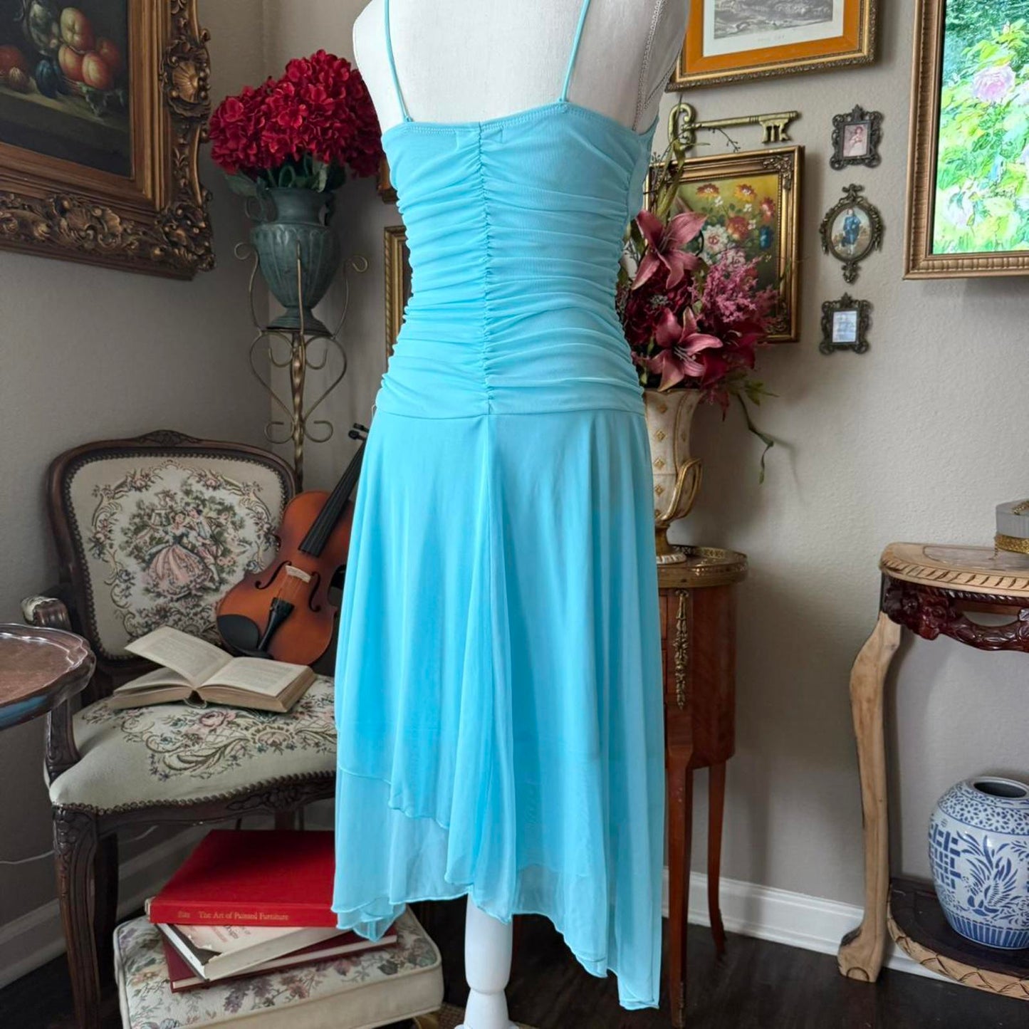 Trixxi Blue lace beaded fairy dress with ruched bust and asymmetrical hem