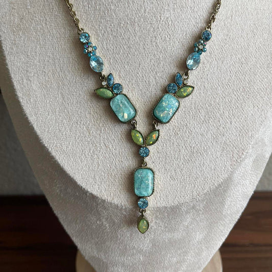 Vintage Avon Opalite Blue Green Blue Topaz Rhinestone Drop Necklace