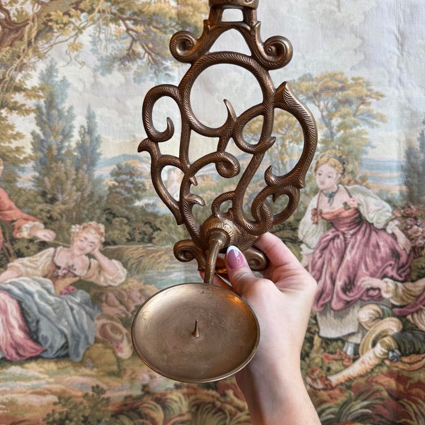 Vintage Ornate Brass Metal Wall Mounted Candle Sconce set