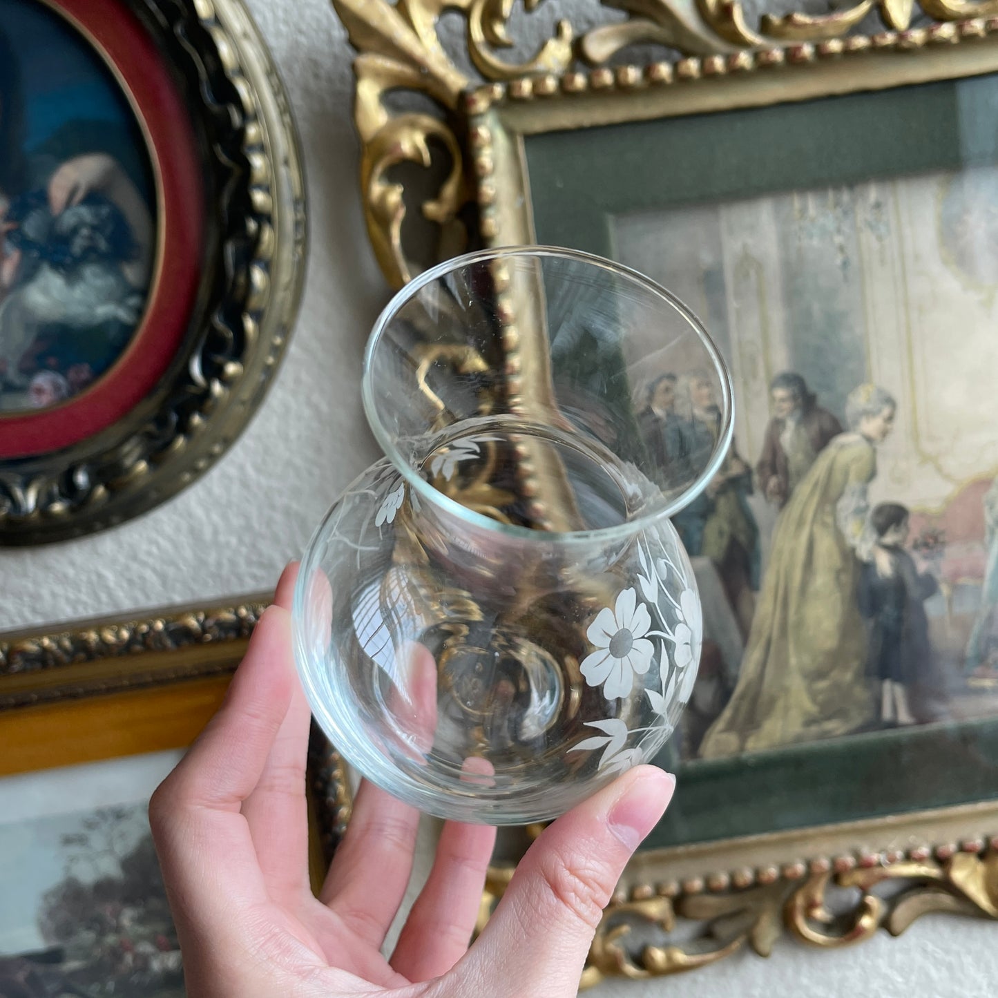 Vintage clear etched floral glass vase