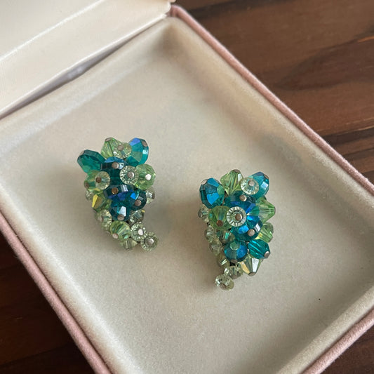 Vintage Crystal bead Cluster AB Blue Green Wrap Clip Earrings