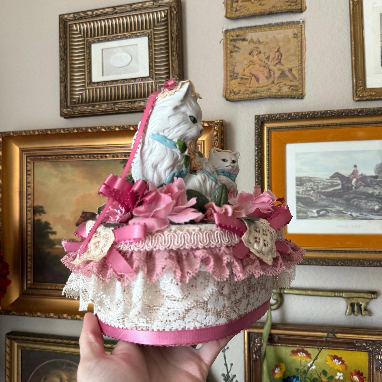 Vintage Handmade Persian porcelain cat Basket