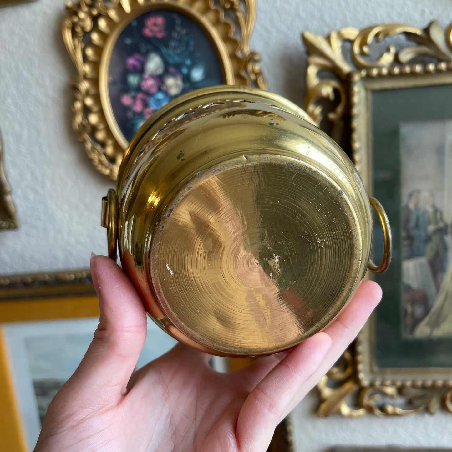 Vintage Brass Bowl with Pierced Hearts and circle Handles Made in India