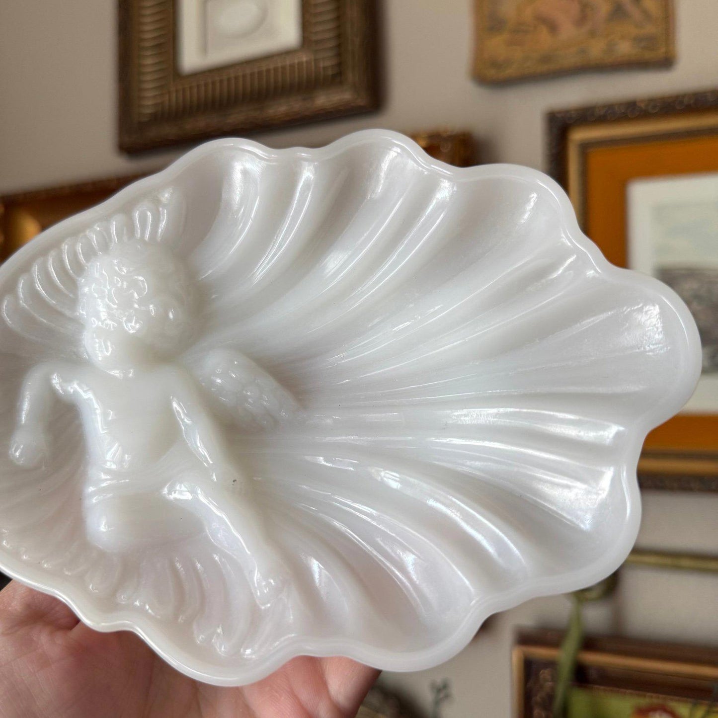 Vintage Avon Soap Dish with Angel Cherub White Milk Glass Heavenly Collection