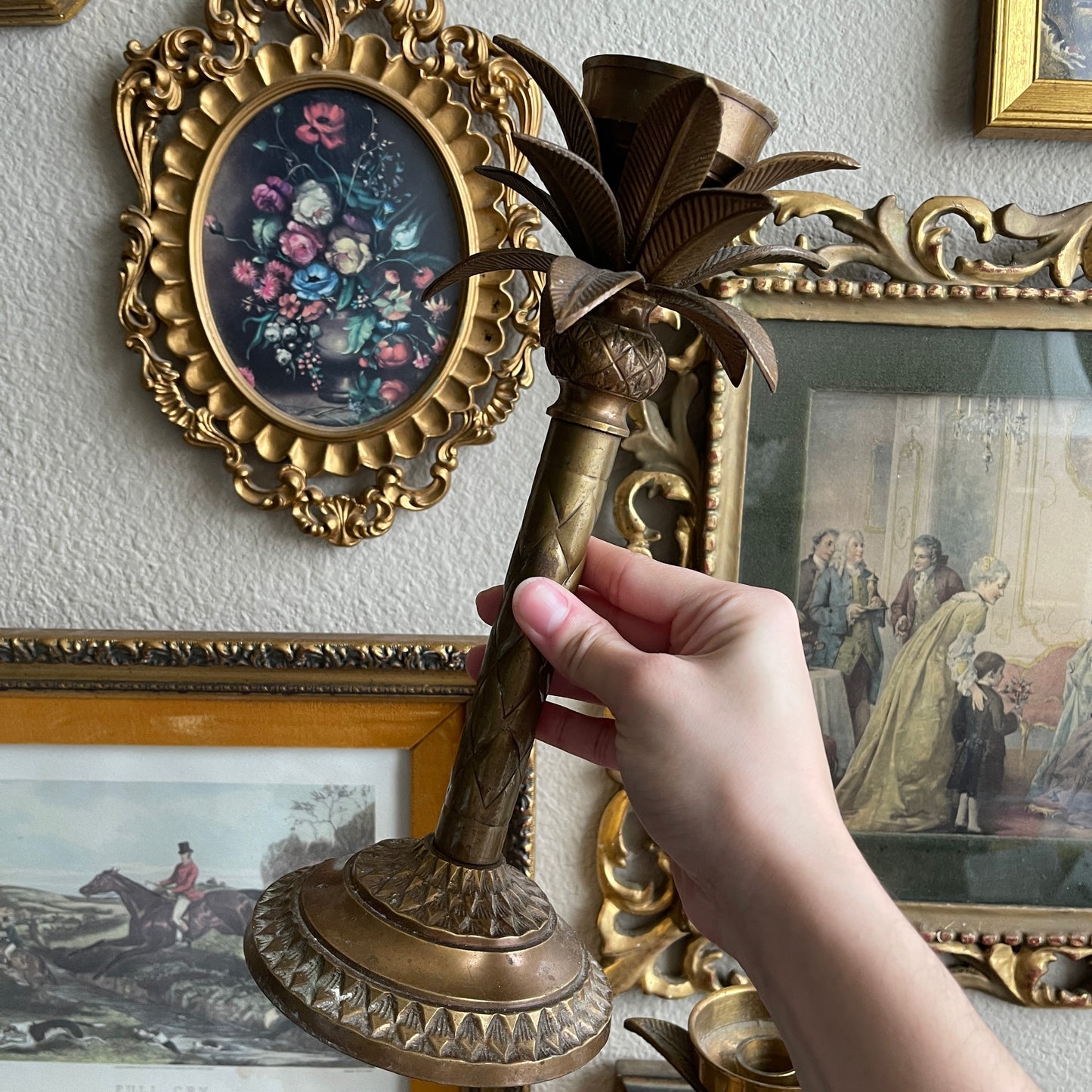 Vintage Palm Tree Frond Leaf Brass Taper Candle Stick Holders