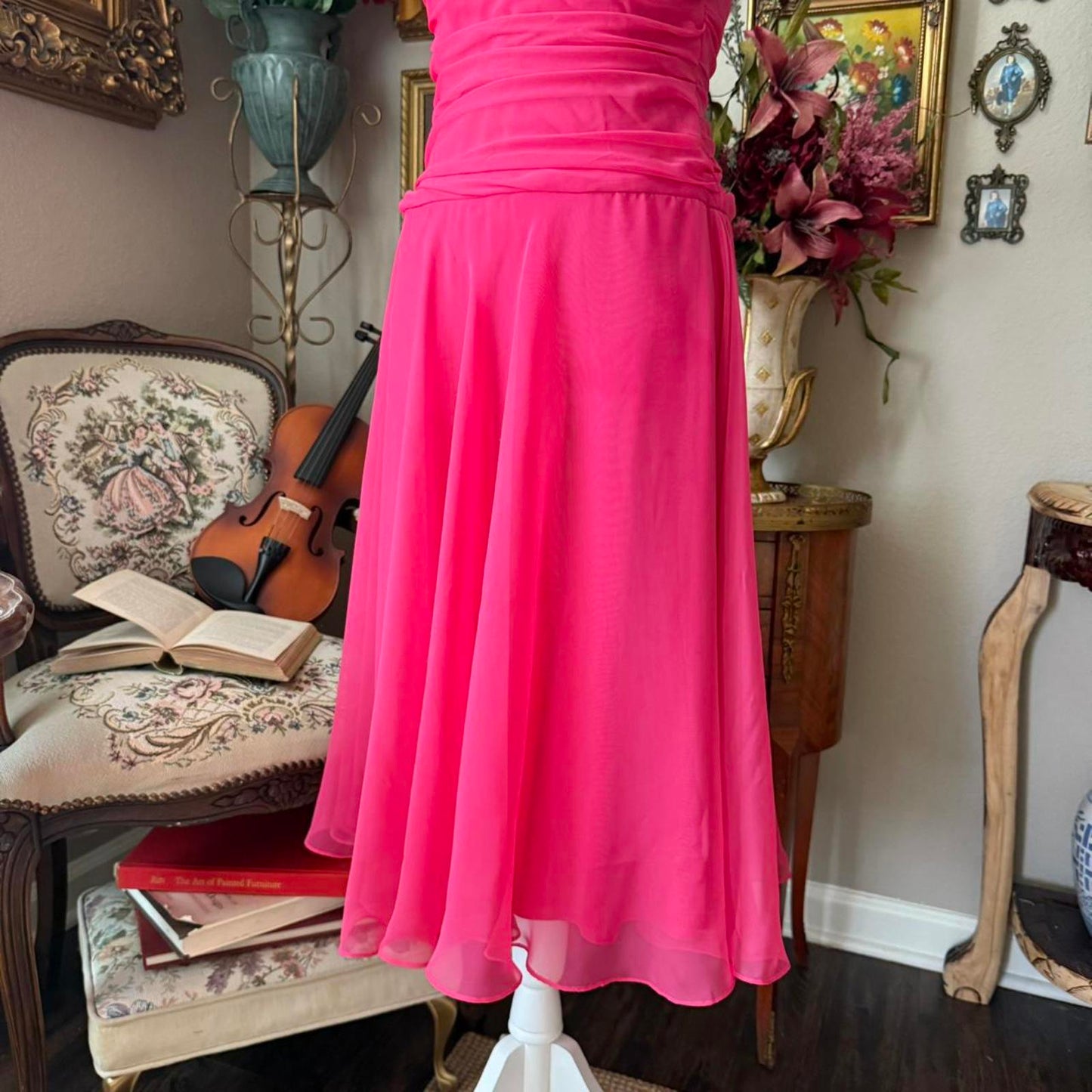 Pink After Six midi dress with ruching and V-neckline