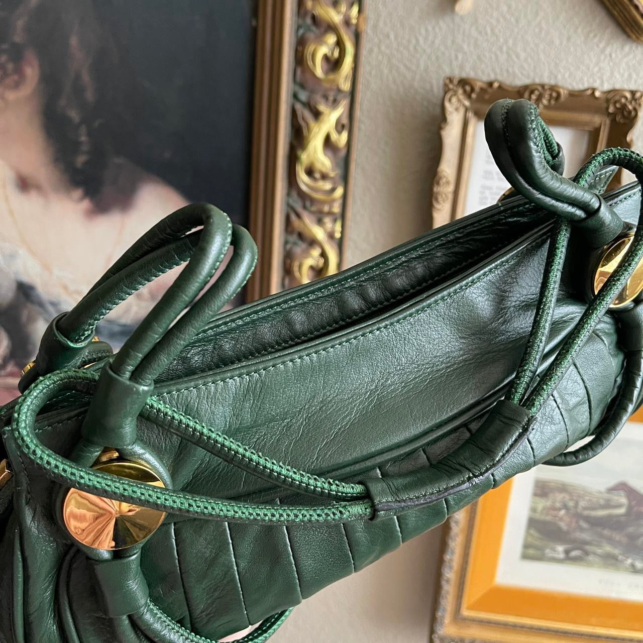 Faux leather deep green shoulder bag purse with gold detail