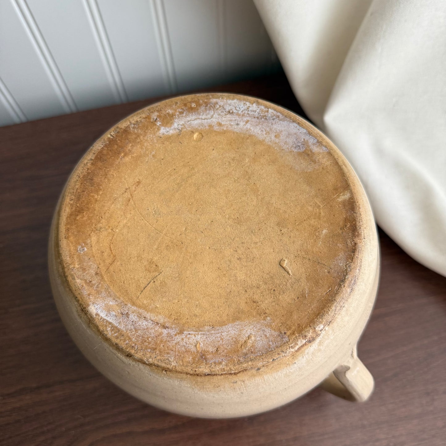 Vintage crock Tan Blue Stripes pottery