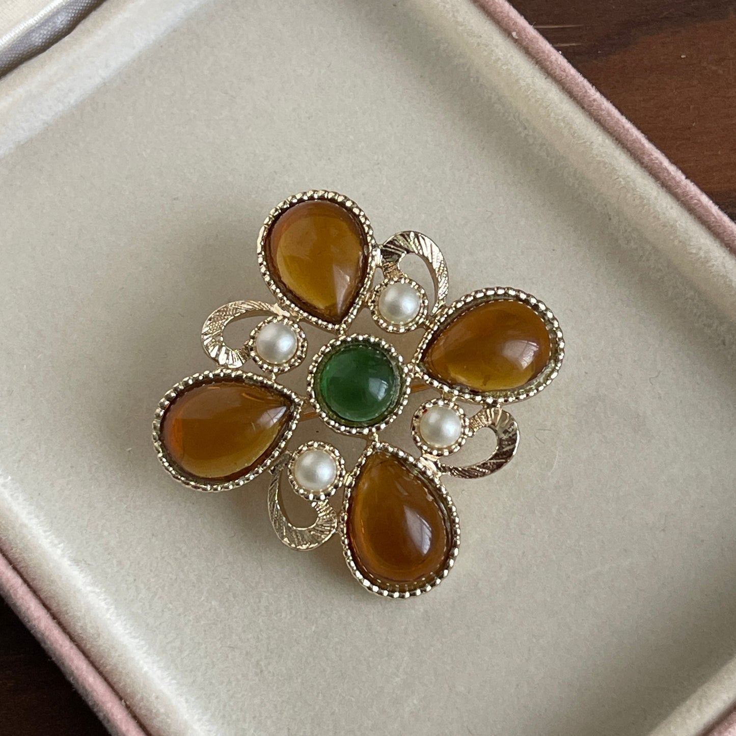Vintage Emmons Gold Tone Maltese Cross Brooch Pin Faux Pearls Cabochon Stones