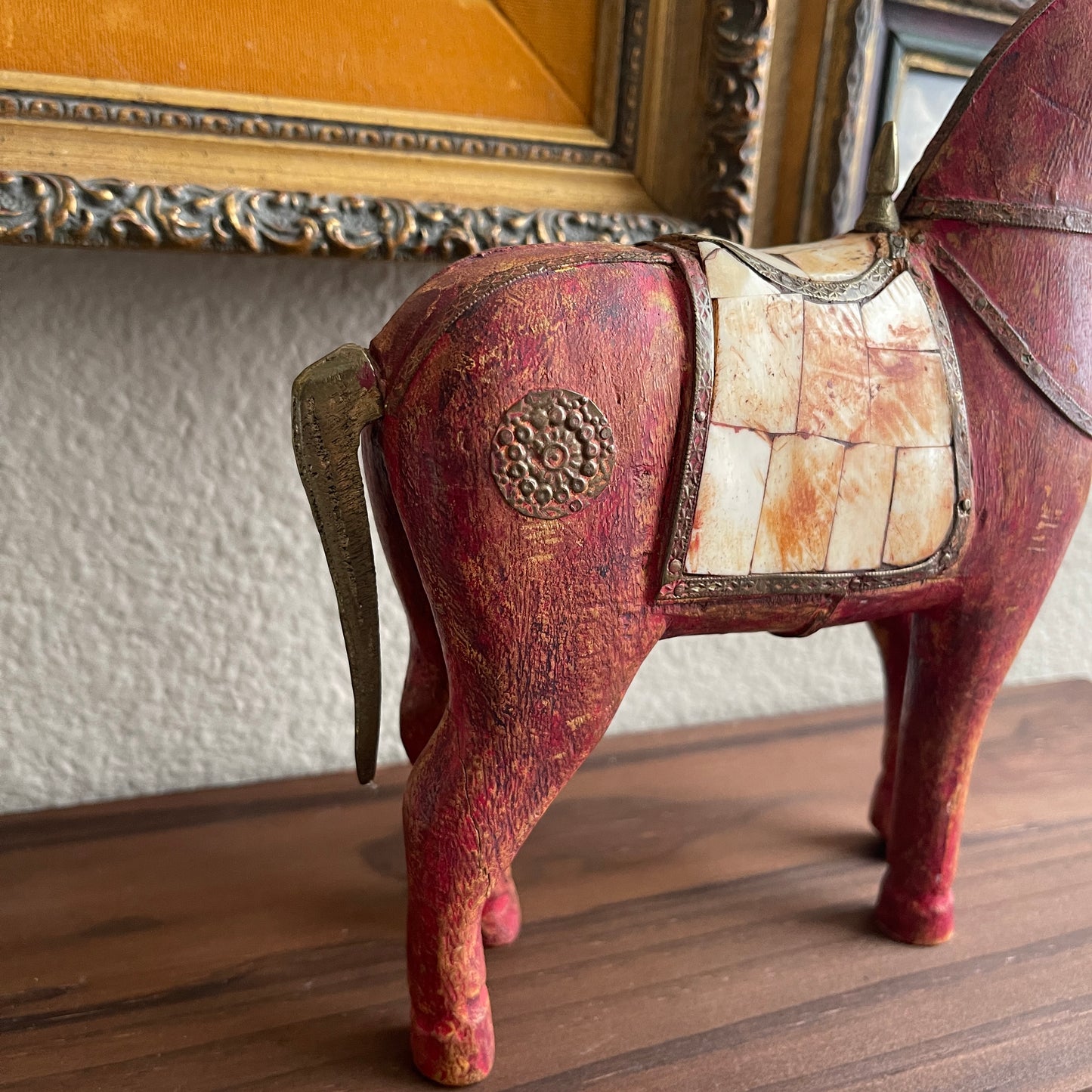 Red and Brown Wooden Horse, Hand Carved Sculpture Horse Brass And Bone detail