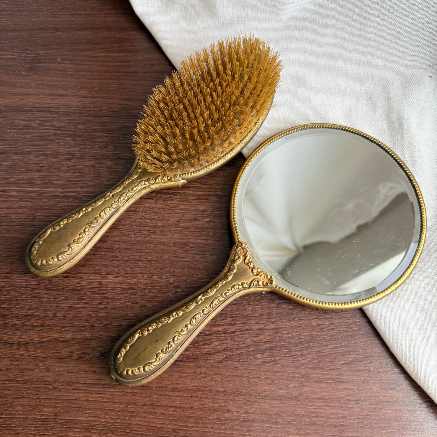 Vintage Gold tone with yellow flowers Hand Mirror and Brush set