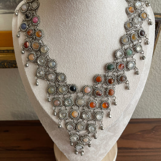 Silver tone Morocoo bib style semi precious stones with matching earrings