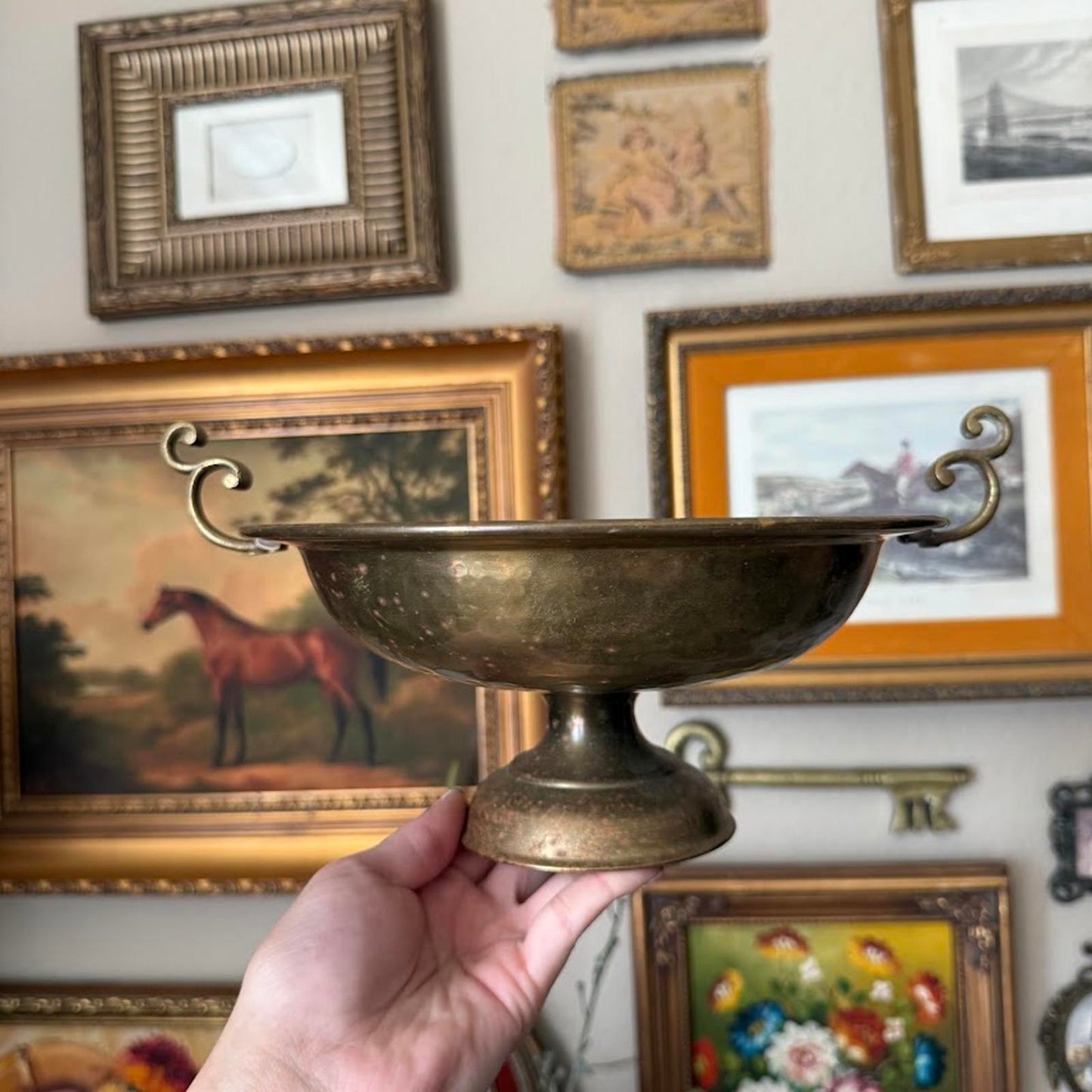 Vintage Brass Circular Pedestal Bowl with Handles