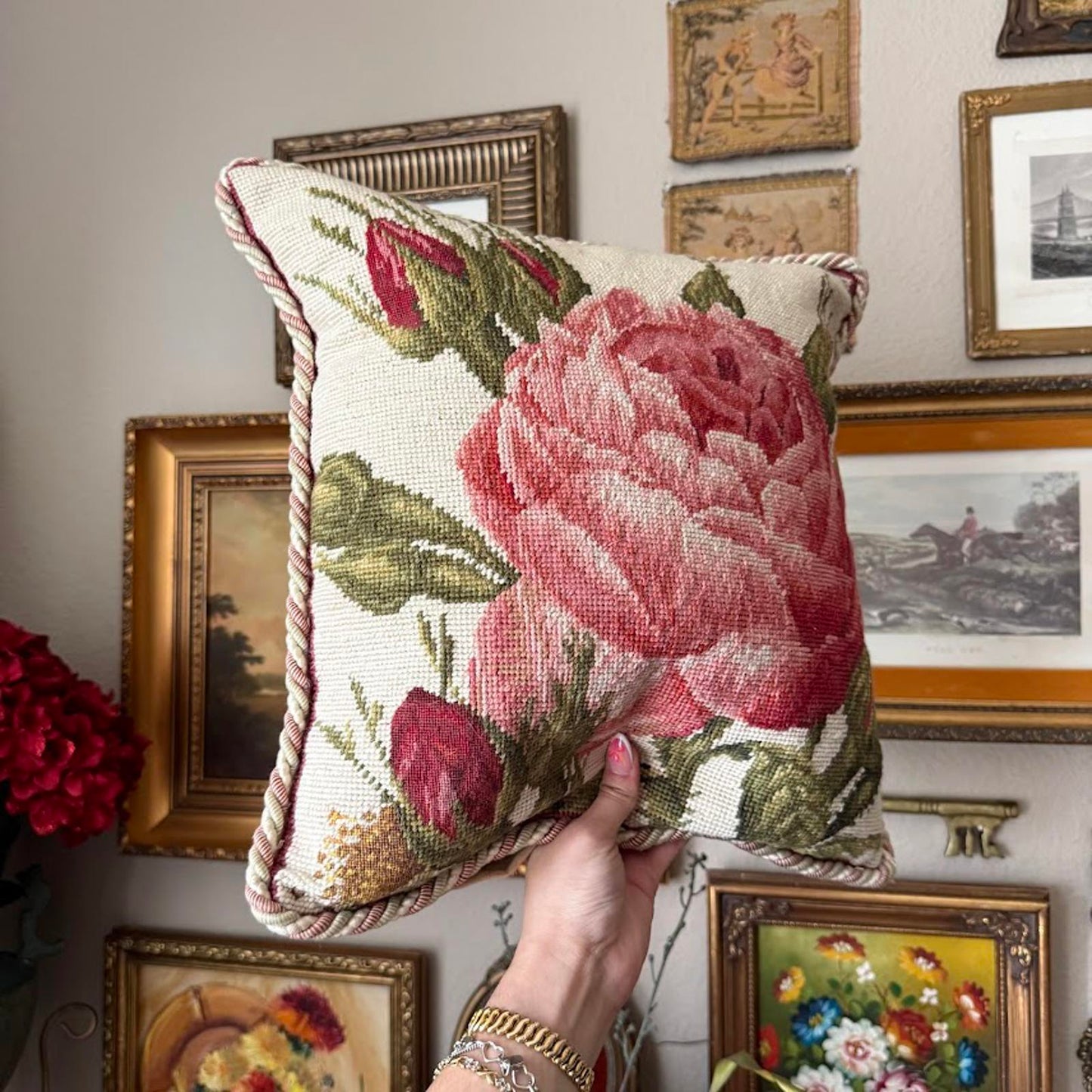 Vintage Floral Needlepoint Pillow