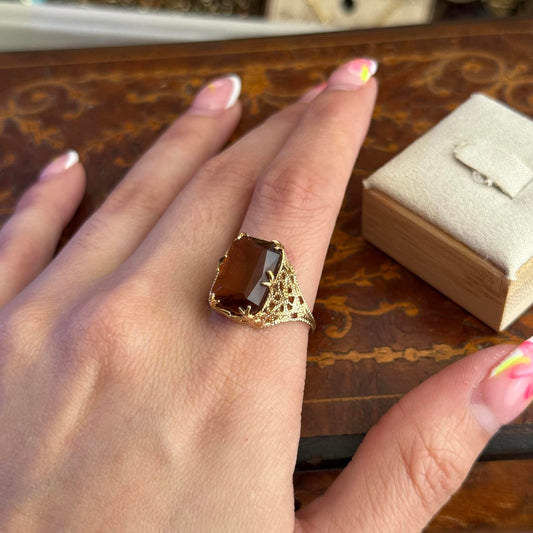 Vintage Style 14kt GE Gold Electroplated Orange Glass stone Ring