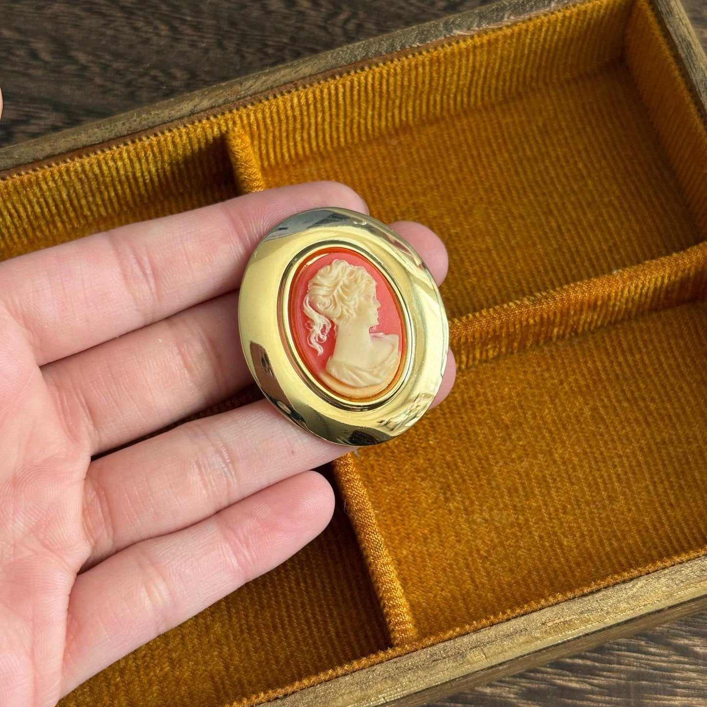 Vintage Style gold tone resin cameo brooch