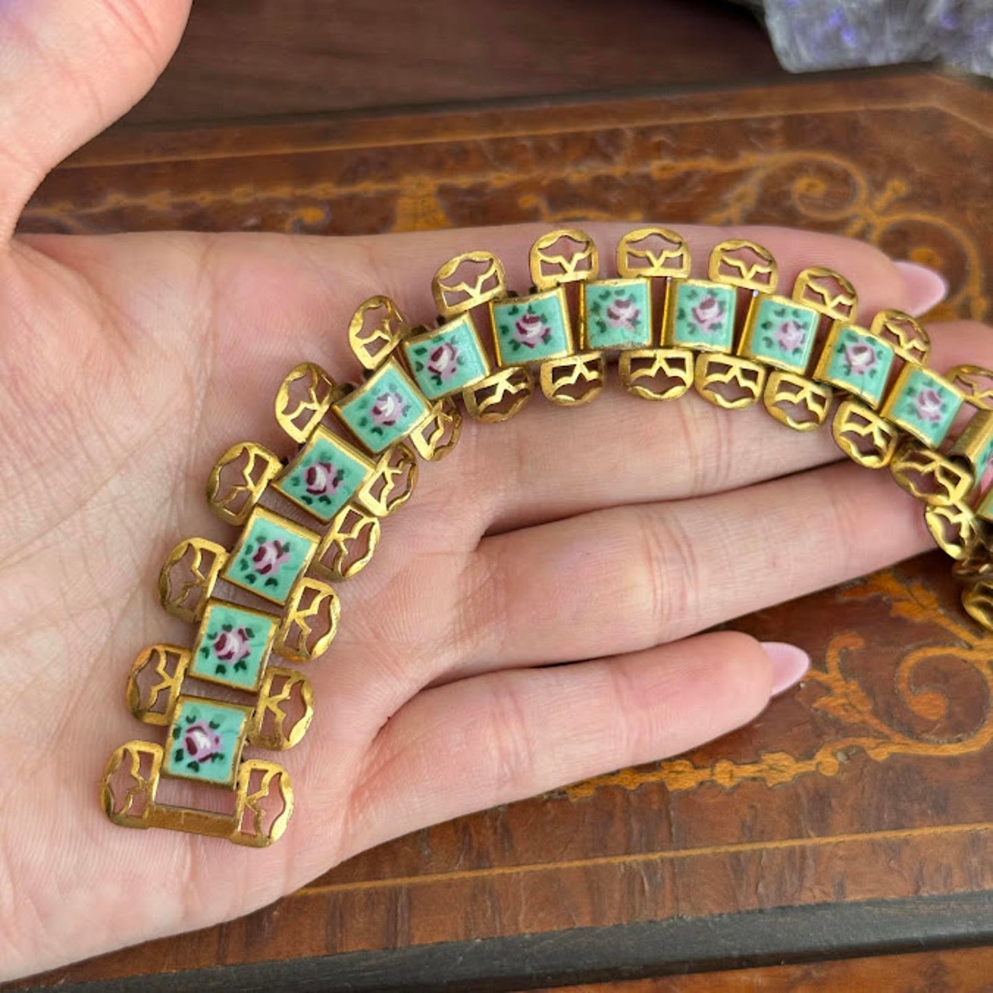 Vintage Gold Tone & Enamel Hand Painted Rose Panel Bookchain Bracelet