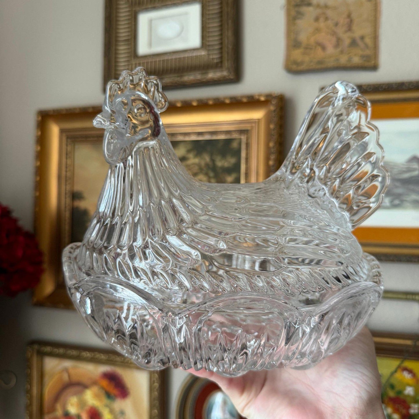 Vintage-Style Clear Glass Hen on Nest Dish Chicken Covered Candy Dish