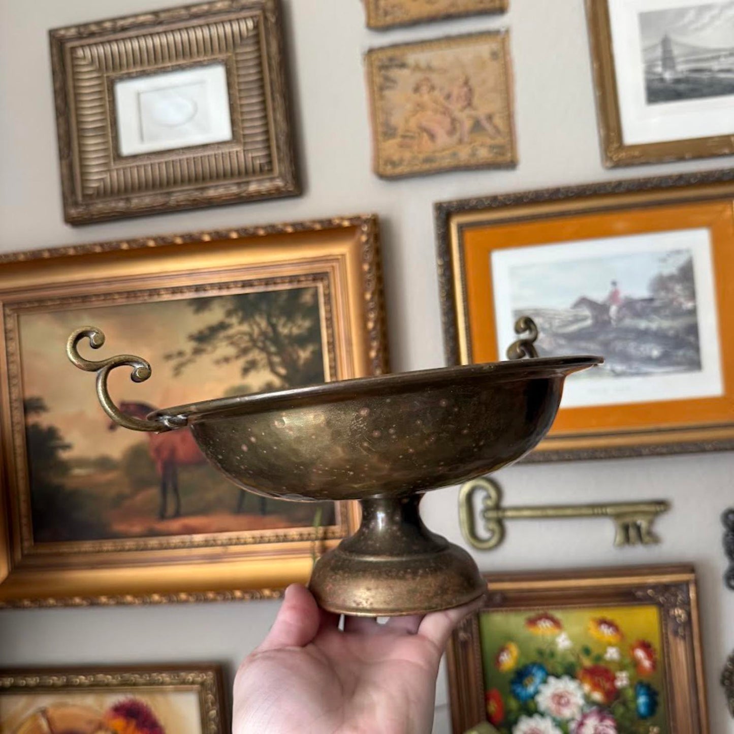 Vintage Brass Circular Pedestal Bowl with Handles