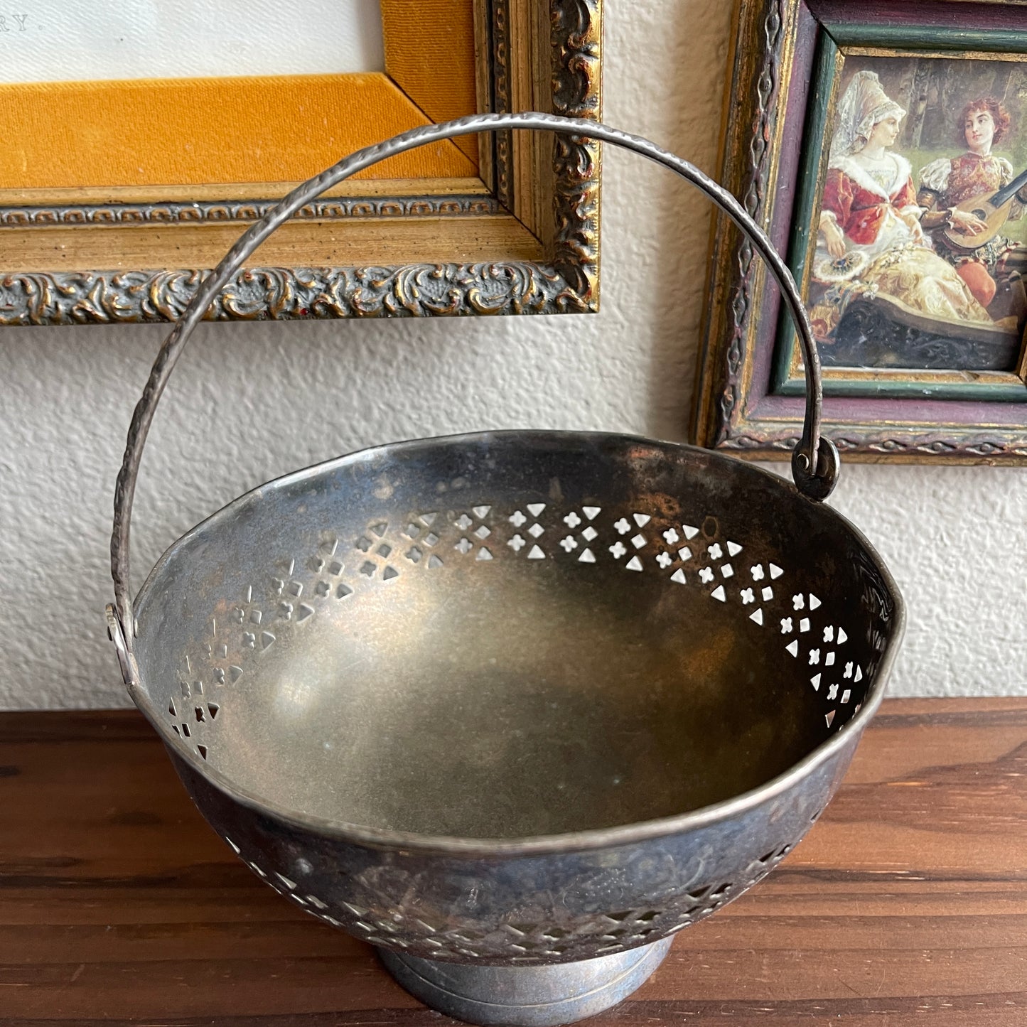 Vintage Pierced Silver Plate Basket Candy Bowl with Braid Handle