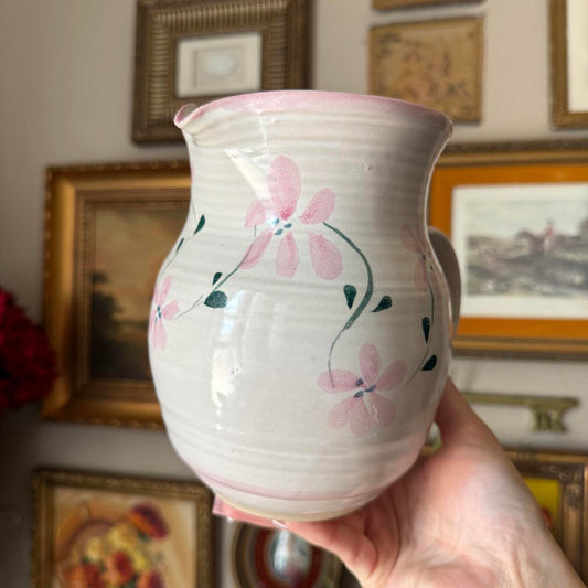 Hand-Painted Vintage Pottery Pitcher with Pink Flowers