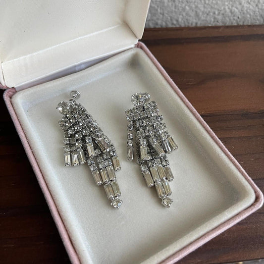Vintage Art Deco clear rhinestones earrings screw back