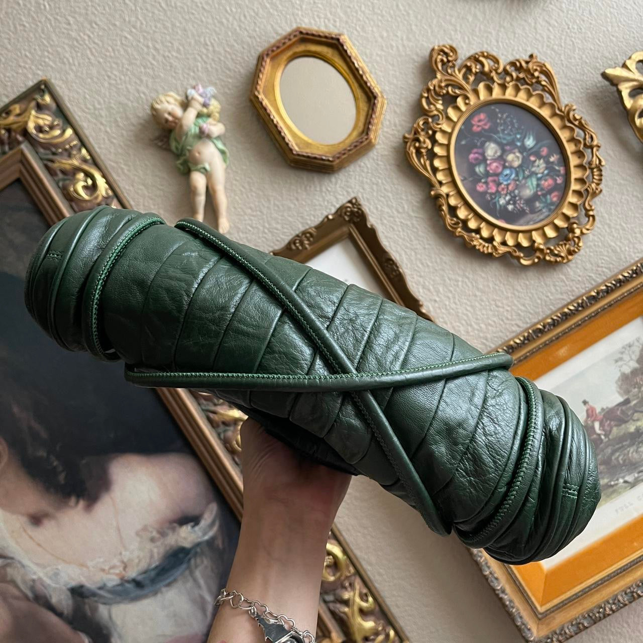 Faux leather deep green shoulder bag purse with gold detail