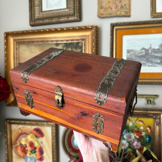 Vintage Cedar Chest Trunk With Openwork Metal Jewelry Box