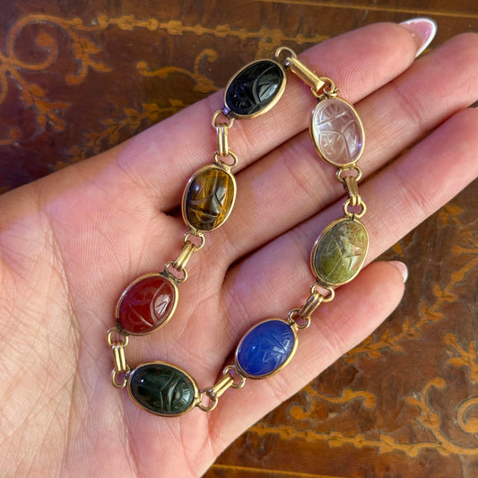 Vintage Mid Century Gold Tone Carved Gemstone Scarab Bracelet