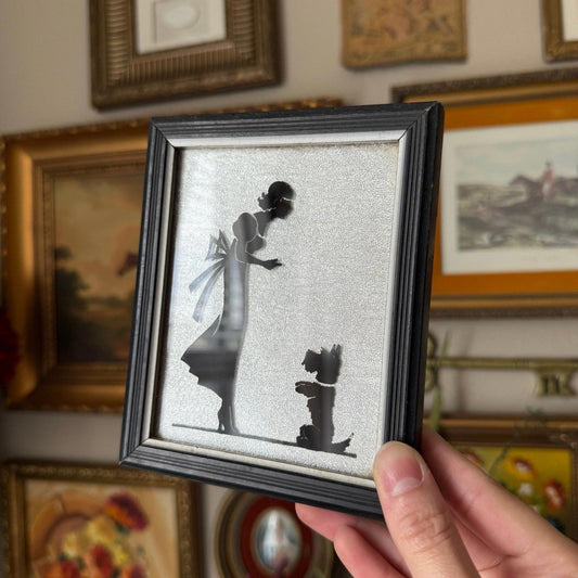 Vintage Scottie dog & Girl Silhouette glass Art Deltex