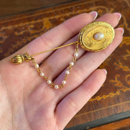 Vintage Faux Pearl & Dangle Chain Locket Stick Pin