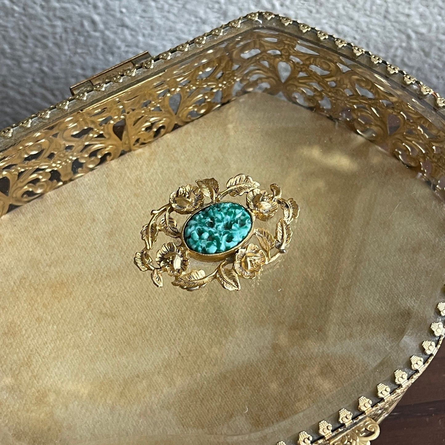Art Nouveau Gold Gilded Glass Display Jewelry Chests Curio vanity trinket box