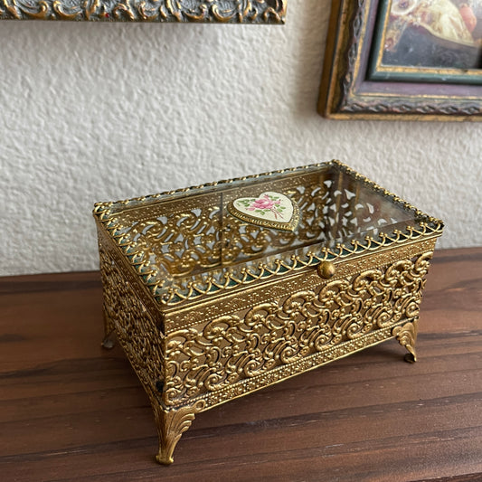 Vintage Hollywood regency gold tone jewelry casket beveled glass vanity trinket box