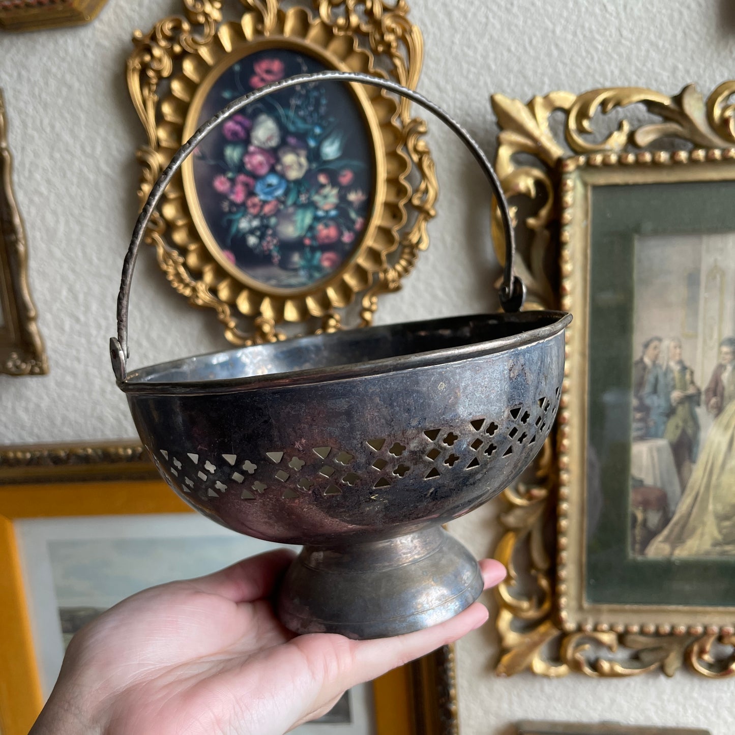 Vintage Pierced Silver Plate Basket Candy Bowl with Braid Handle