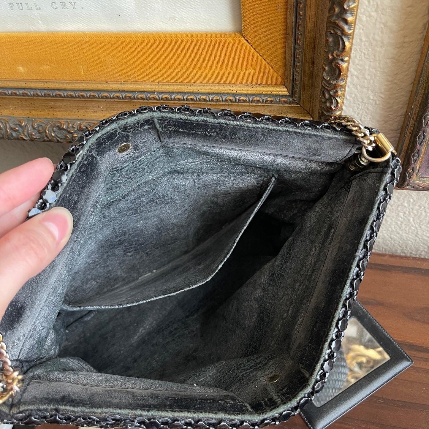 Vintage Purse Clutch Black Metal Mesh Double Chain Strap Hinged Opening