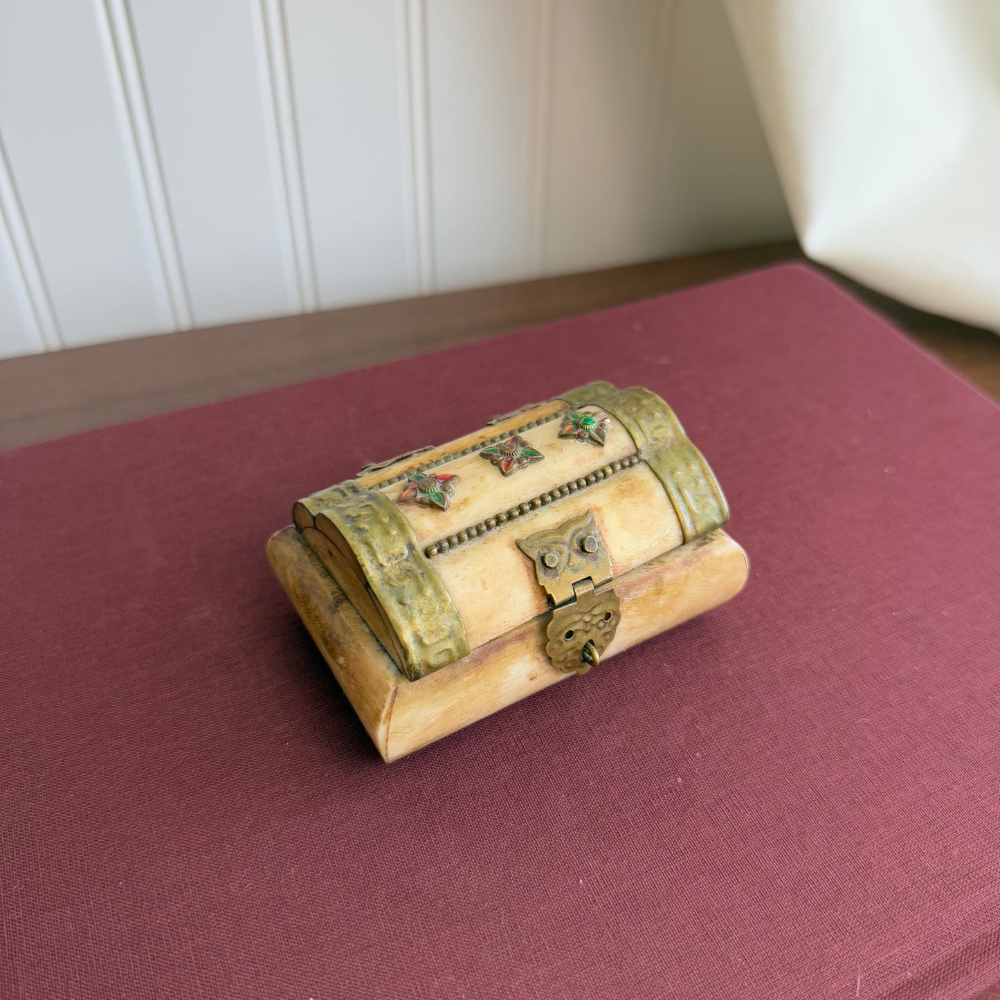 Vintage Bone Brass Trinket Box with Velvet Lined inside