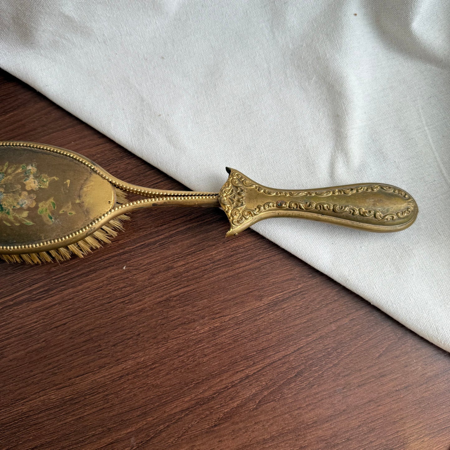 Vintage Gold tone with yellow flowers Hand Mirror and Brush set