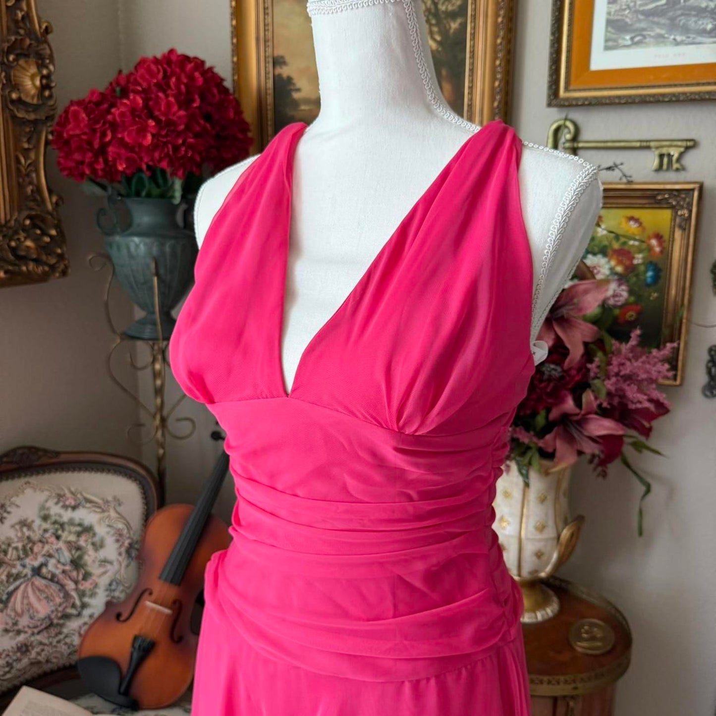 Pink After Six midi dress with ruching and V-neckline