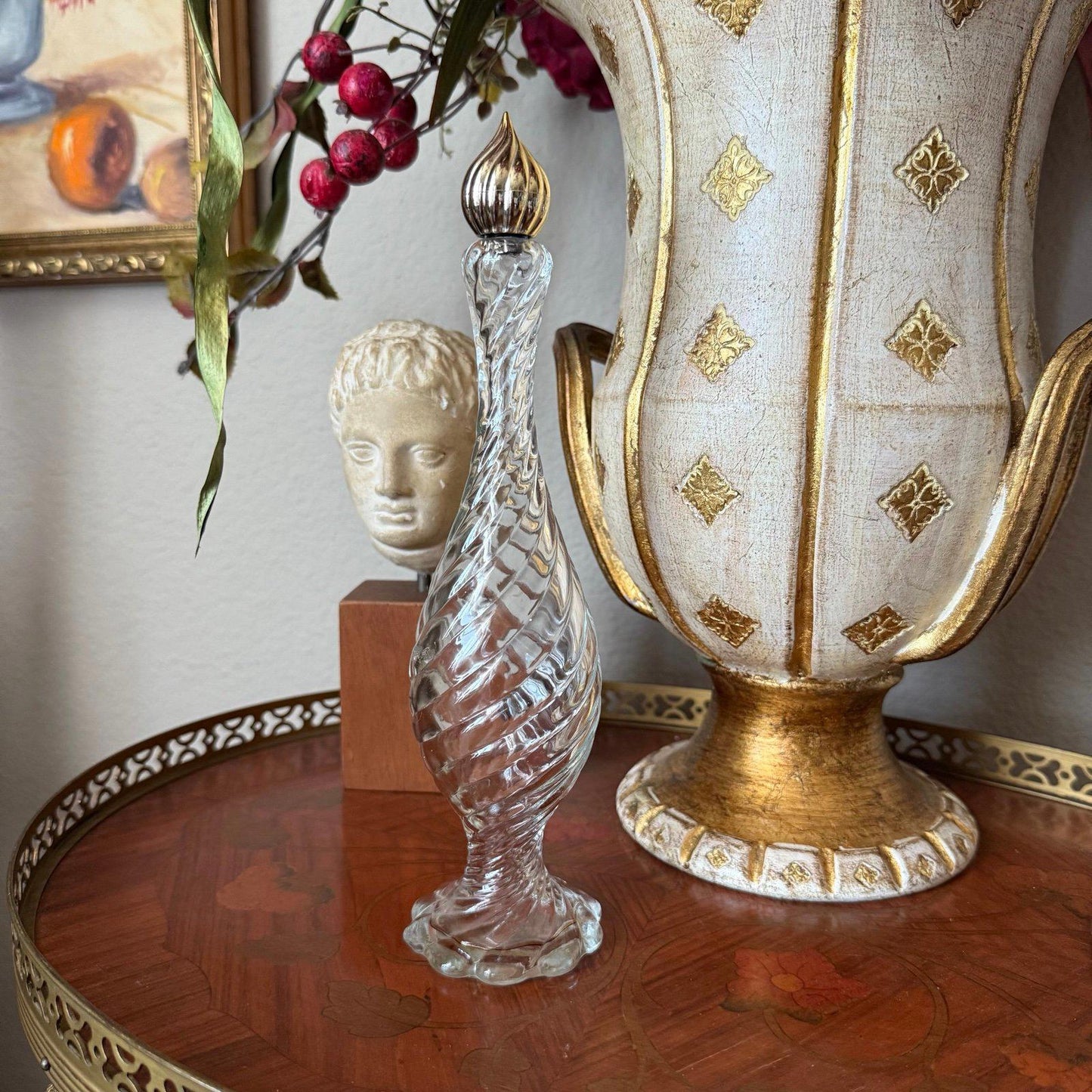 Vintage Clear Glass Swirl Pattern Perfume Bottle with Gold Lid