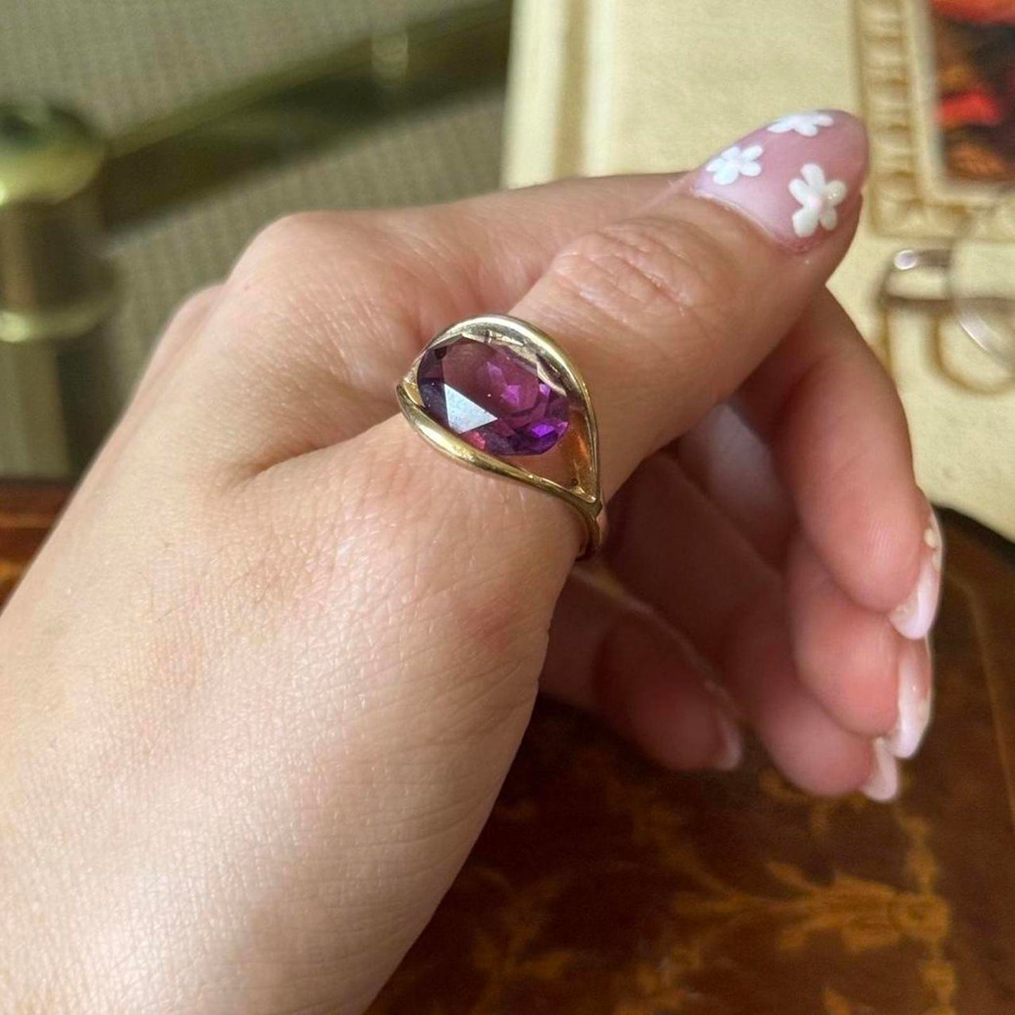 Vintage Gold Electroplated Purple Faux Glass Amethyst Ring