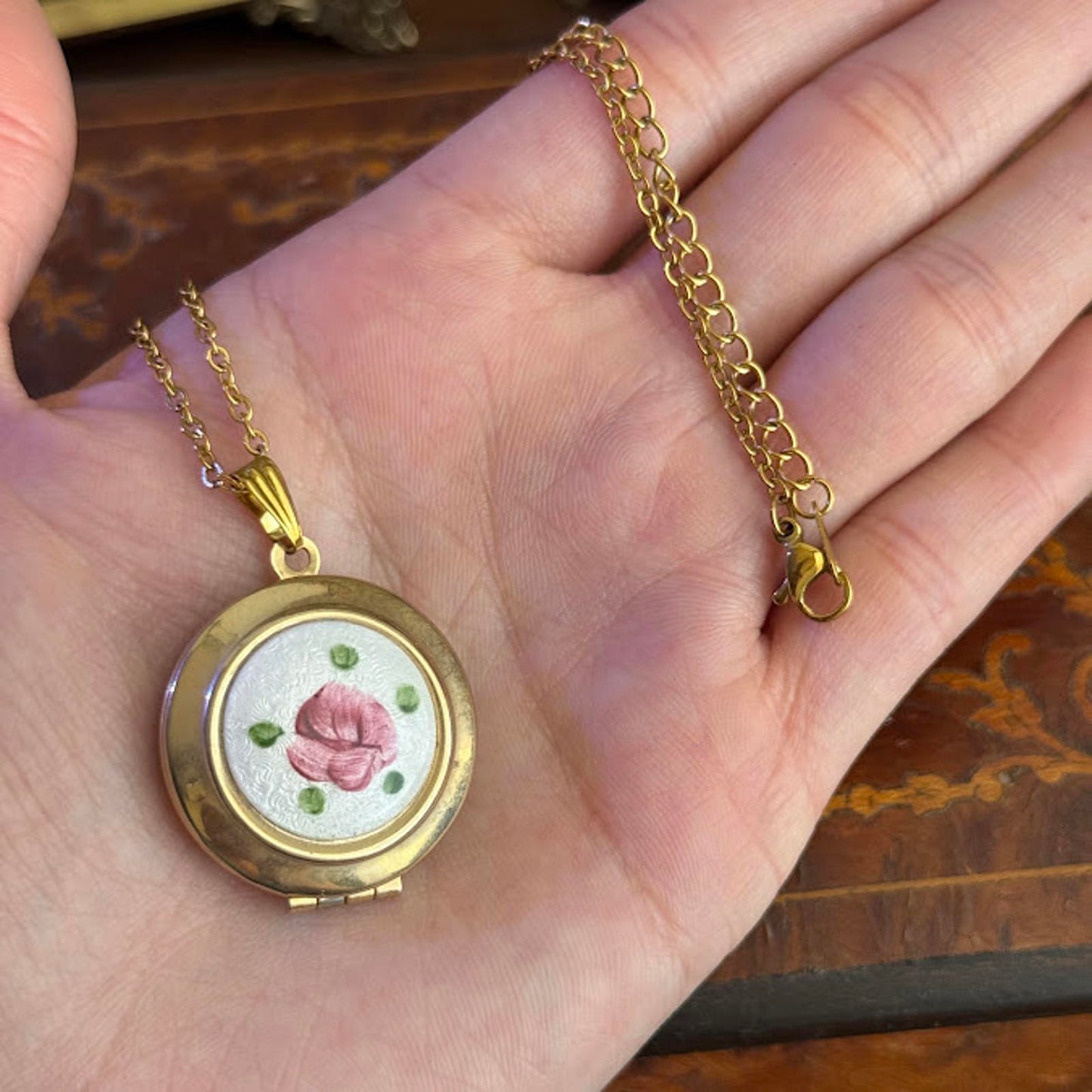 Vintage Gold Tone White Flower Guilloche Enamel Locket