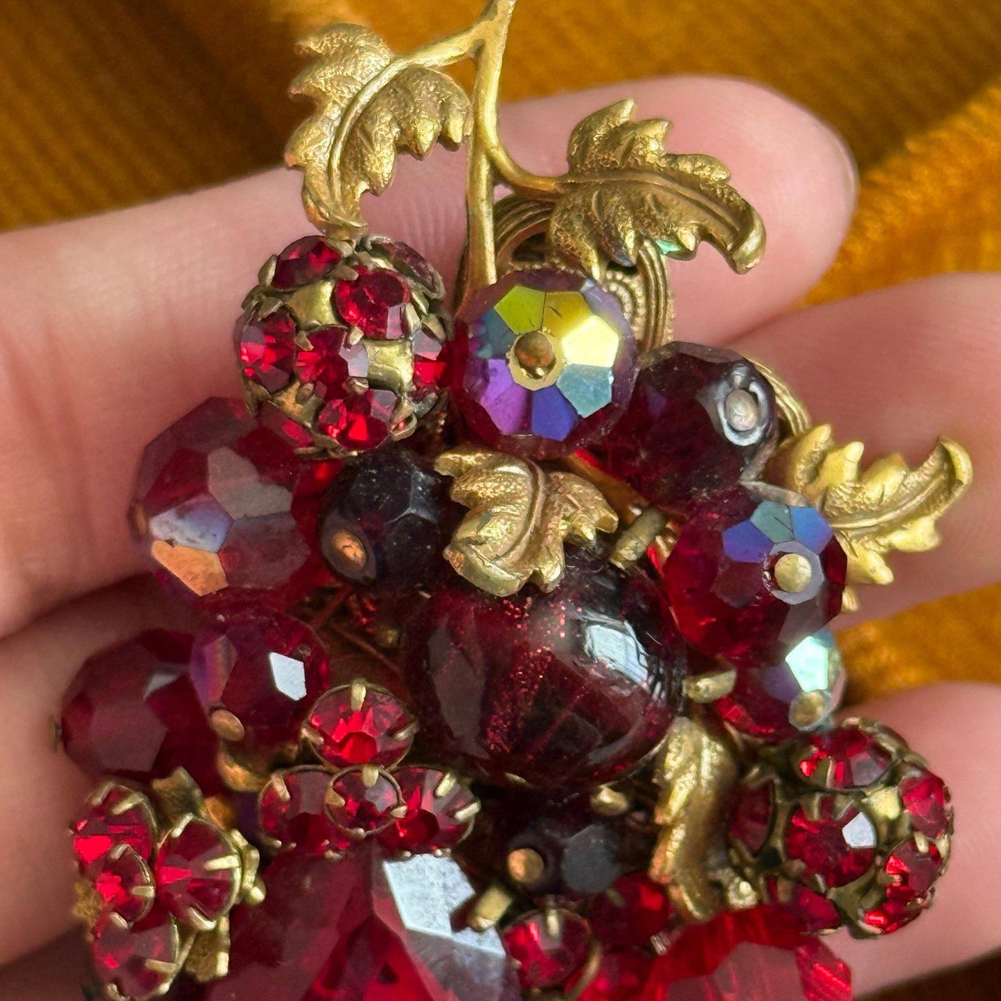 Vintage filigree Bright red faceted glass beads Brooch