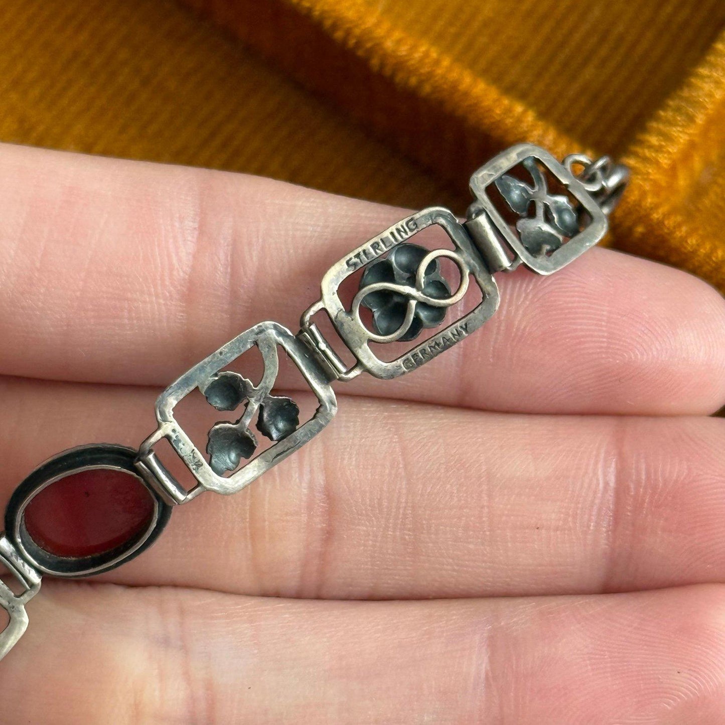 Vintage Sterling Silver & Carnelian Floral Bracelet – Made in Germany