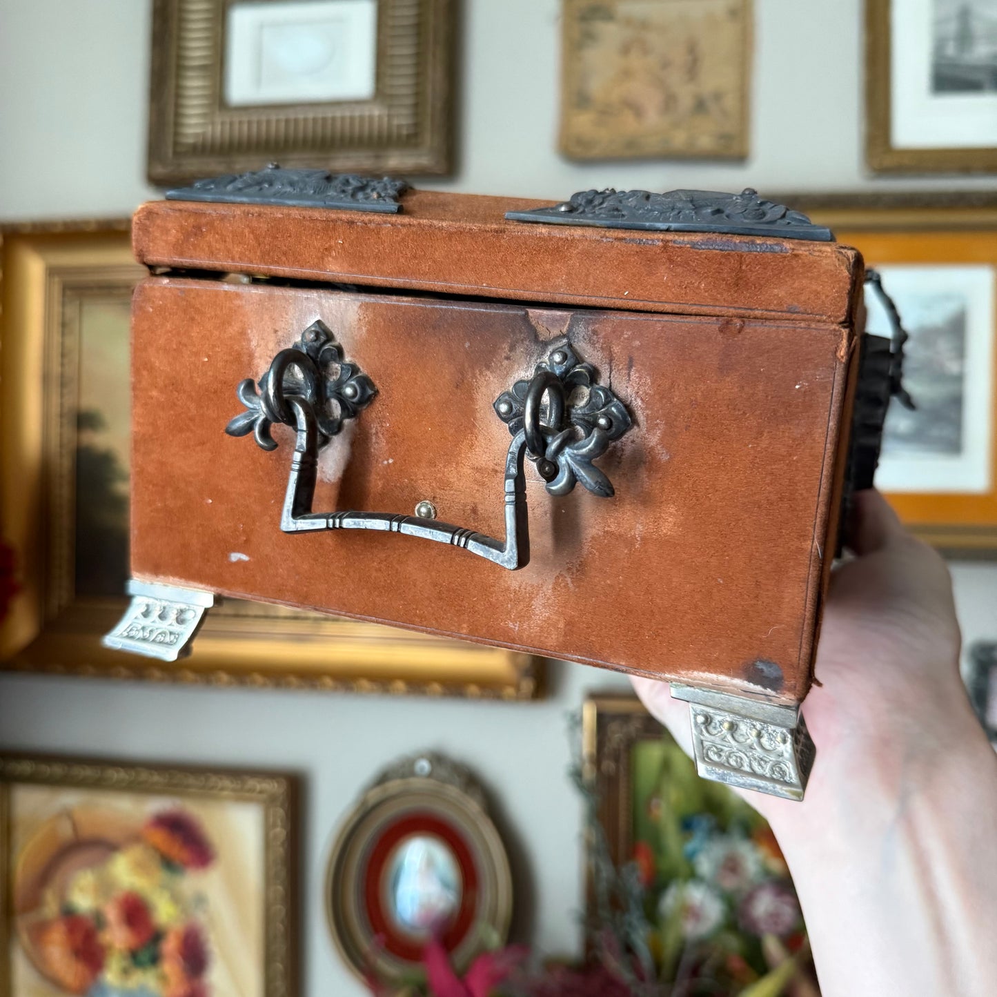 Vintage Ornate Velvet Jewelry Box – Blue Satin Tufted Interior, Decorative Metal Trim & Feet, Mid-Century Asian Design