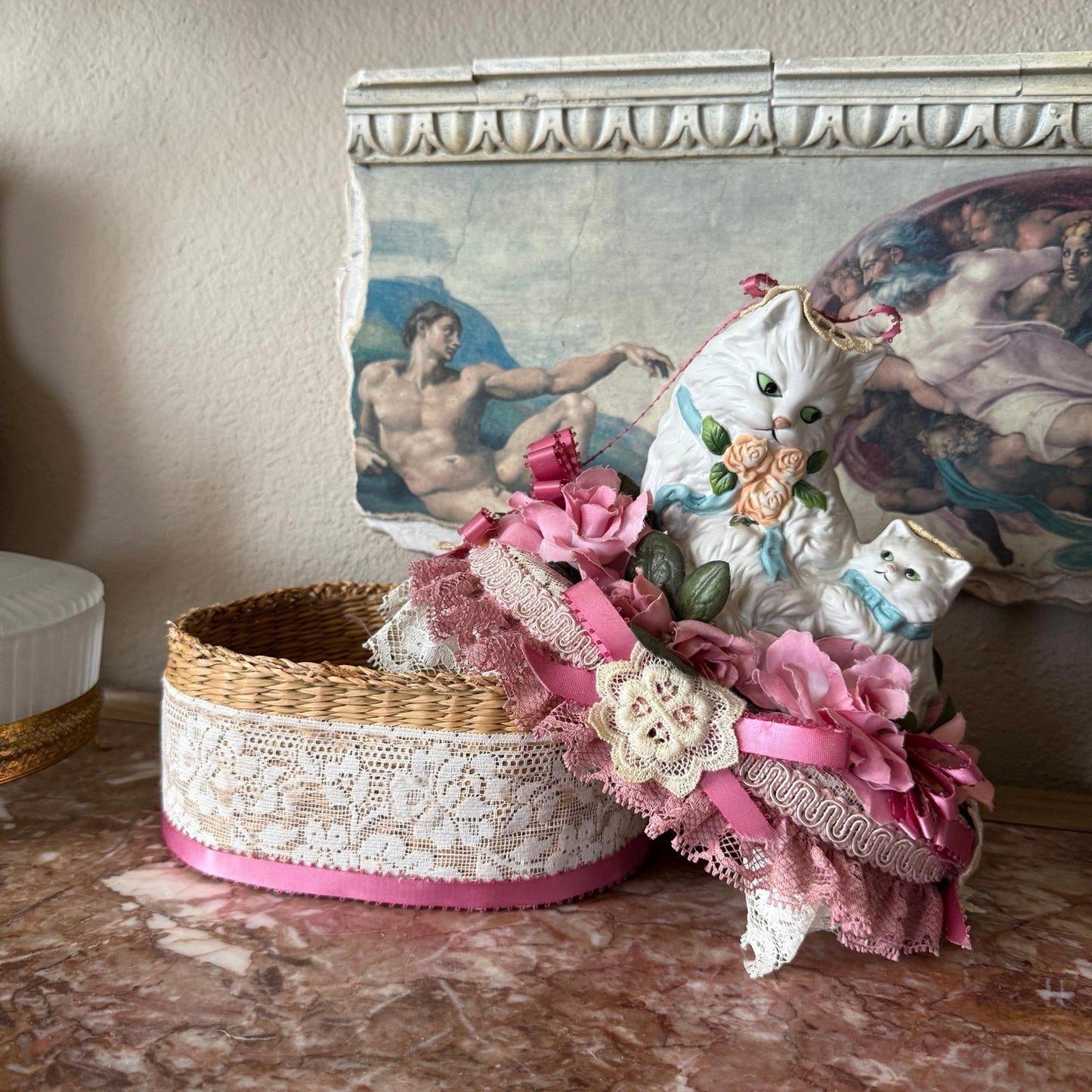 Vintage Handmade Persian porcelain cat Basket